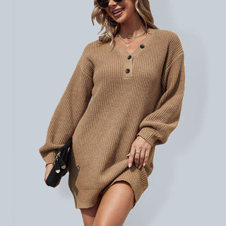 Women's Solid Color Ribbed Long Sleeve Button Up V Neck Sweater Minidress