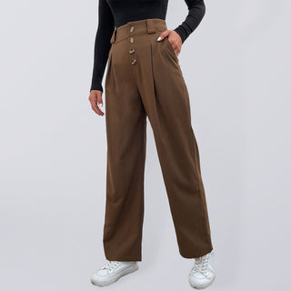 Women's Solid Color High Waist Button Fly Wide Leg Trousers