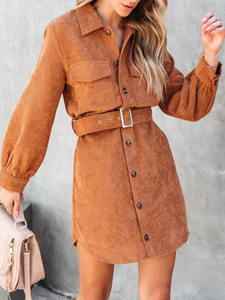 Women's casual solid color corduroy tie shirt dress