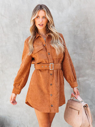 Women's casual solid color corduroy tie shirt dress