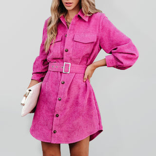 Women's casual solid color corduroy tie shirt dress