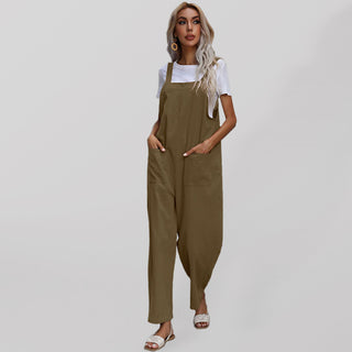 Trendy cotton and linen lazy style pure color sleeveless suspenders one-piece overalls for women