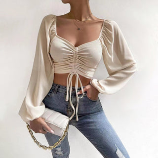 Chiffon Drawstring Knit Top for Women