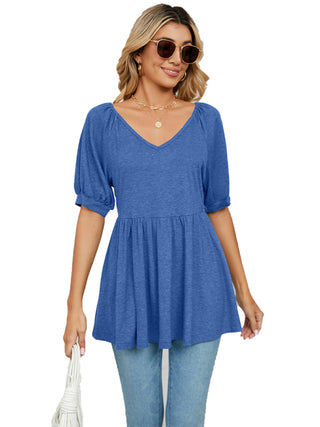 Women's spring and summer new v-neck bubble short-sleeved t-shirt tunic top women