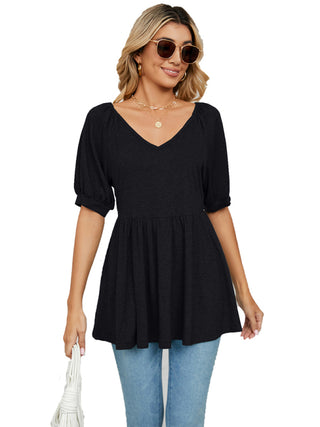 Women's spring and summer new v-neck bubble short-sleeved t-shirt tunic top women