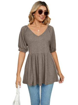 Women's spring and summer new v-neck bubble short-sleeved t-shirt tunic top women