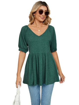 Women's spring and summer new v-neck bubble short-sleeved t-shirt tunic top women