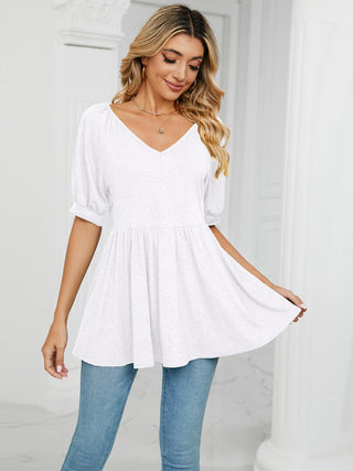 Women's spring and summer new v-neck bubble short-sleeved t-shirt tunic top women