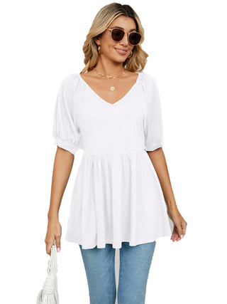 Women's spring and summer new v-neck bubble short-sleeved t-shirt tunic top women