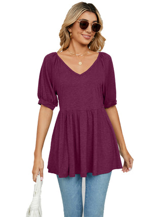 Women's spring and summer new v-neck bubble short-sleeved t-shirt tunic top women