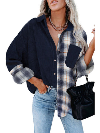 Plaid shirt cross-border European and American foreign trade women's long-sleeved loose pocket shirt