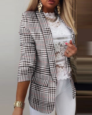 Women's Open Front Plaid Print Blazer