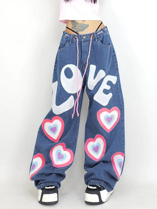 Women's Contrasting Color Heart Graffiti Print Loose Jeans