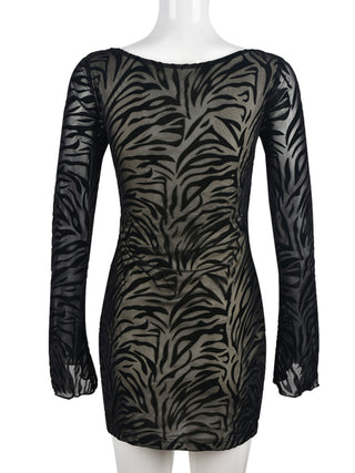 Women's sexy zebra print flocked mesh long-sleeved dress