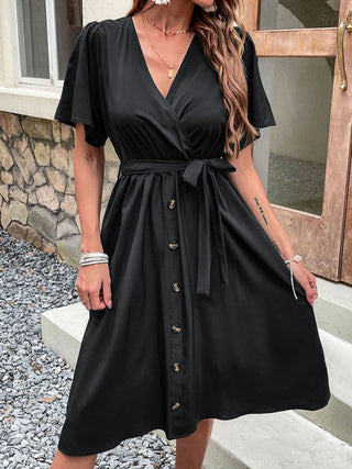 Women's Solid Color Surplice Faux Wrap Button-down Midi Dress