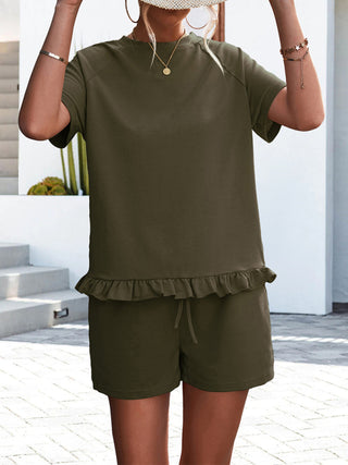 Women's Solid Color 2-piece Short Sleeve Ruffle At Hem Tee With A Short Set