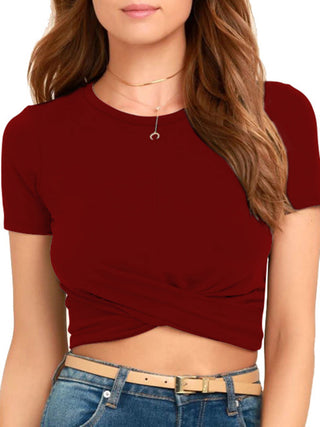 Women's Solid Color Modern Twist Crop Cotton T-shirt