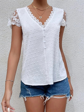 Women's V-Neck Shirt Collar Sleeve Lace Trim Shirt