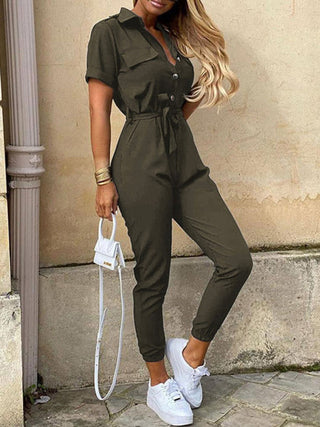 Women's Casual Lapel Buttoned Belt Cargo Jumpsuit