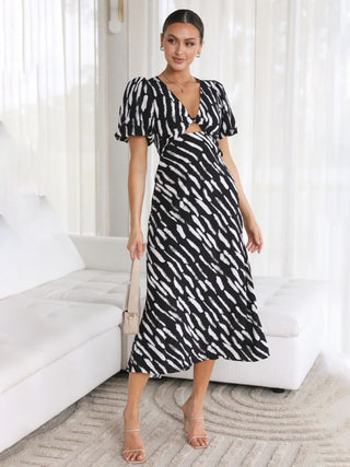 Women's Printed Twist Front Cutout Puff Sleeve Midi Dress