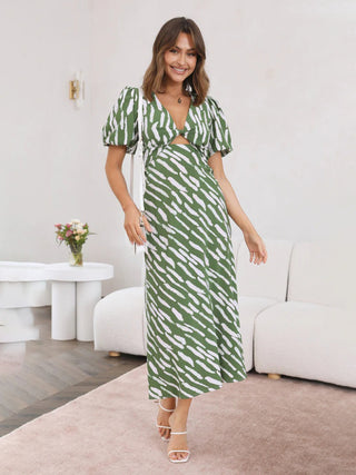 Women's Printed Twist Front Cutout Puff Sleeve Midi Dress