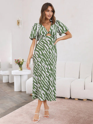 Women's Printed Twist Front Cutout Puff Sleeve Midi Dress