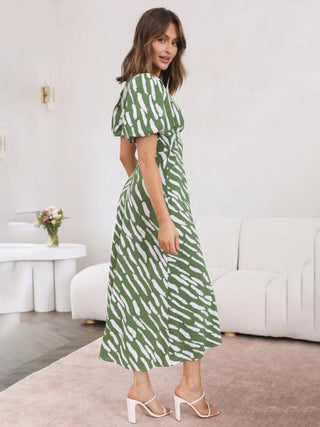 Women's Printed Twist Front Cutout Puff Sleeve Midi Dress