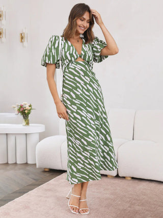 Women's Printed Twist Front Cutout Puff Sleeve Midi Dress