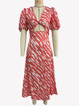 Women's Printed Twist Front Cutout Puff Sleeve Midi Dress