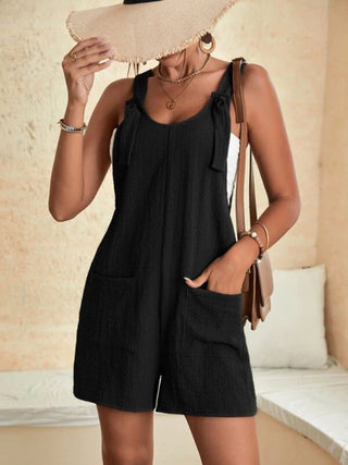 Women's solid color patch pocket tie cotton and linen overalls