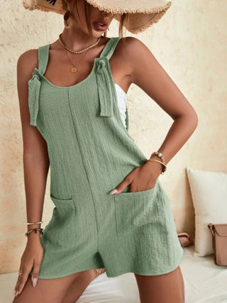 Women's solid color patch pocket tie cotton and linen overalls