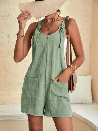 Women's solid color patch pocket tie cotton and linen overalls