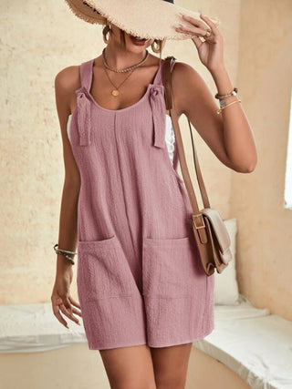 Women's solid color patch pocket tie cotton and linen overalls