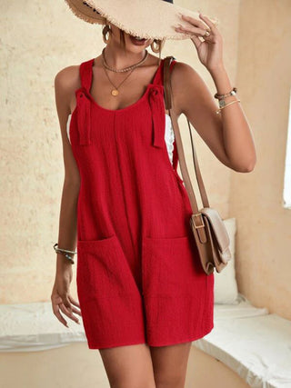 Women's solid color patch pocket tie cotton and linen overalls