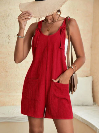 Women's solid color patch pocket tie cotton and linen overalls