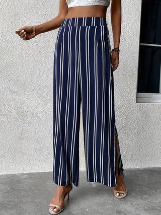 Women's Stripe Wide Leg Slit Pants