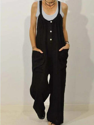 Women's Solid Elastic Band Button Jumpsuit