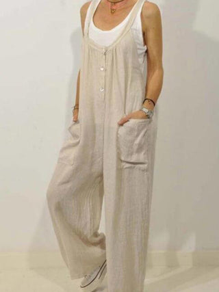 Women's Solid Elastic Band Button Jumpsuit