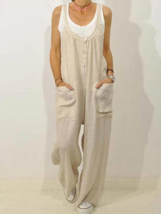 Women's Solid Elastic Band Button Jumpsuit