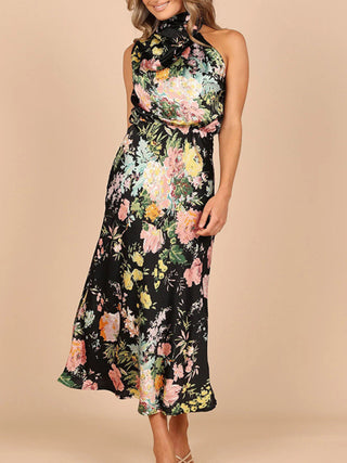 Temperament Ladies Sleeveless Halter Neck Printed Satin Dress