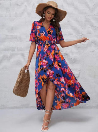 Women's printed short-sleeved V-neck pullover irregular beach dress