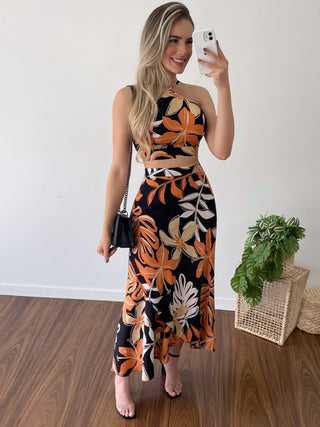 Women's Printed Short Tether Tank Top High Waist Skirt Two-Piece Set