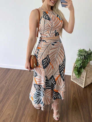 Women's Printed Short Tether Tank Top High Waist Skirt Two-Piece Set