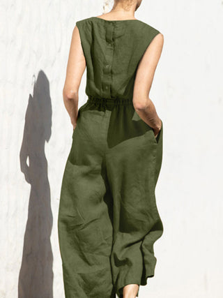 Women's Solid Color Wide Leg Linen Jumpsuit