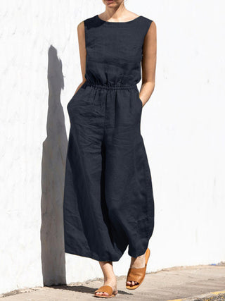 Women's Solid Color Wide Leg Linen Jumpsuit