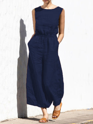 Women's Solid Color Wide Leg Linen Jumpsuit