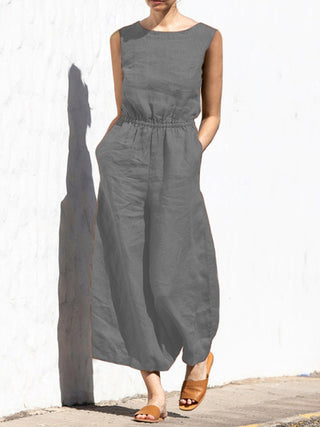 Women's Solid Color Wide Leg Linen Jumpsuit