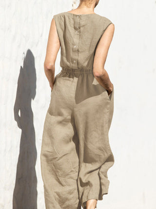 Women's Solid Color Wide Leg Linen Jumpsuit