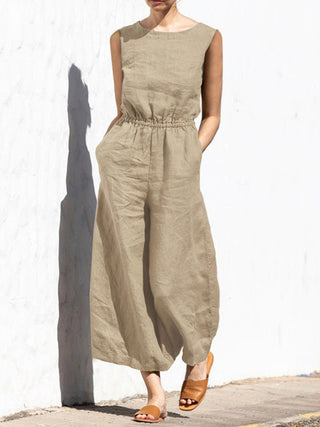 Women's Solid Color Wide Leg Linen Jumpsuit