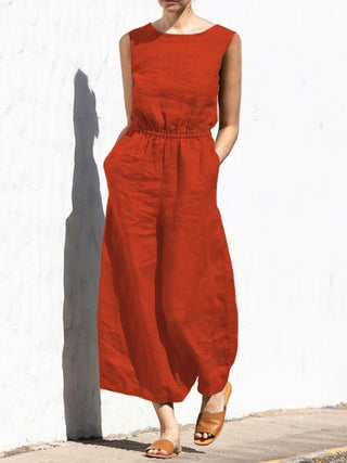 Women's Solid Color Wide Leg Linen Jumpsuit